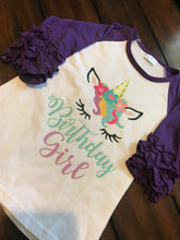 Load image into Gallery viewer, Girls unicorn Birthday Girl raglan shirt