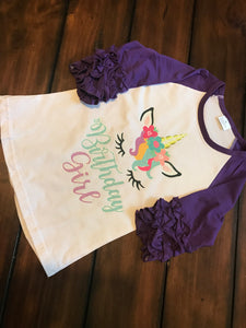 Girls unicorn Birthday Girl raglan shirt