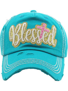 Turquoise vintage style Blessed glitter baseball style cap