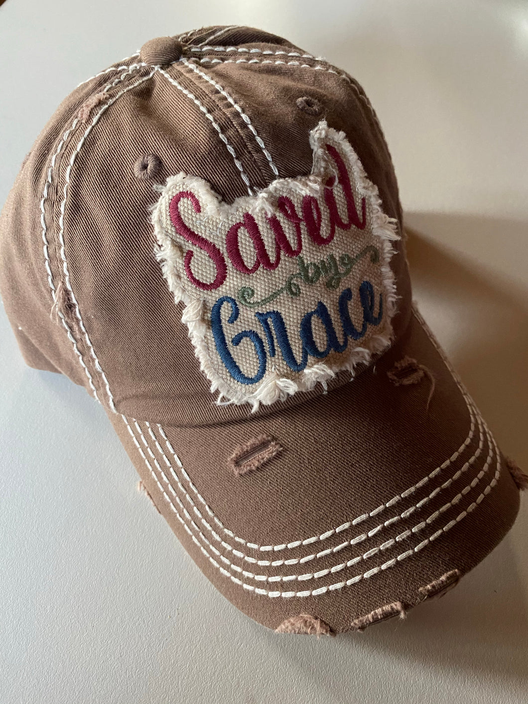 Khaki Tan vintage style Saved by Grace baseball style cap