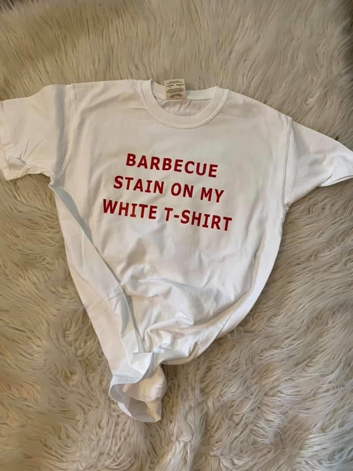 Ladies Bbq stain on white t-shirt shirt