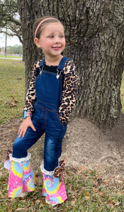 Toddler to little girl leopard and tie dye overalls