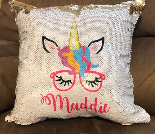 Magic sequins Unicorn with glasses Pillow