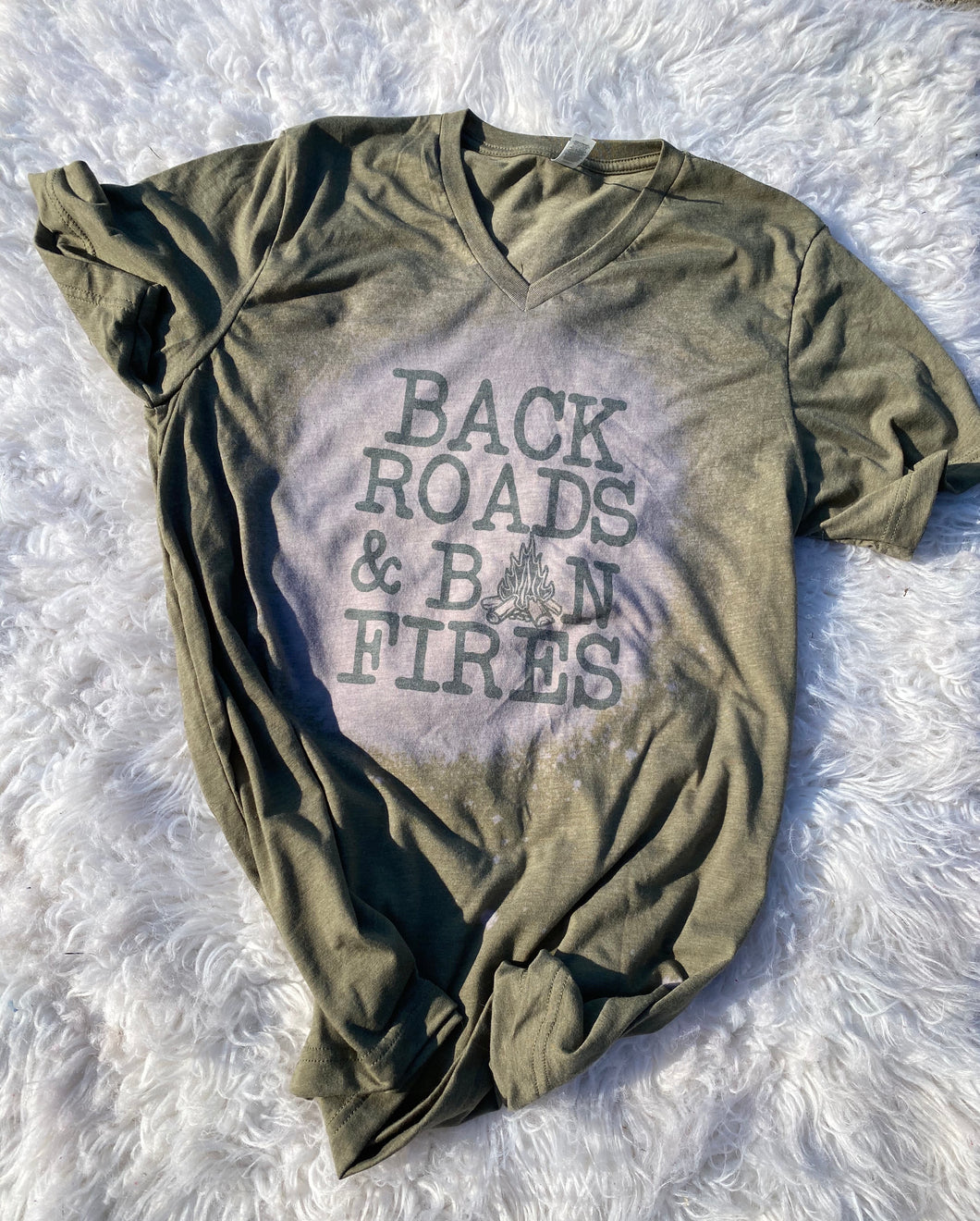 Ladies Vintage Olive green Back roads & Bon fires shirt