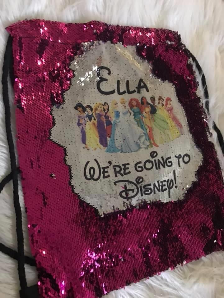 Personalized flip style sequins princess going to Disney drawstring bag