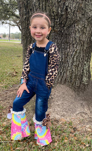 Toddler to little girl leopard and tie dye overalls