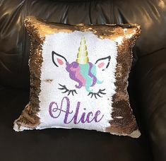 Gold and White Magic flip sequins Unicorn Pillow